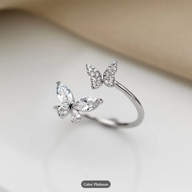 Picture of Cute Double Butterfly Zirconia Crystal Stackable Rings - Silver