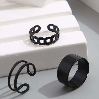 Picture of 3 Piece Adjustable Wide Band Silver Cuff Resizable Boho Ring set - Black