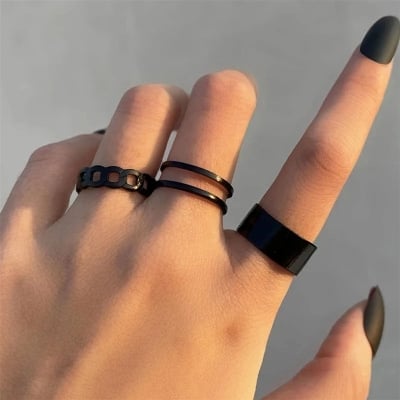Picture of 3 Piece Adjustable Wide Band Silver Cuff Resizable Boho Ring set - Black