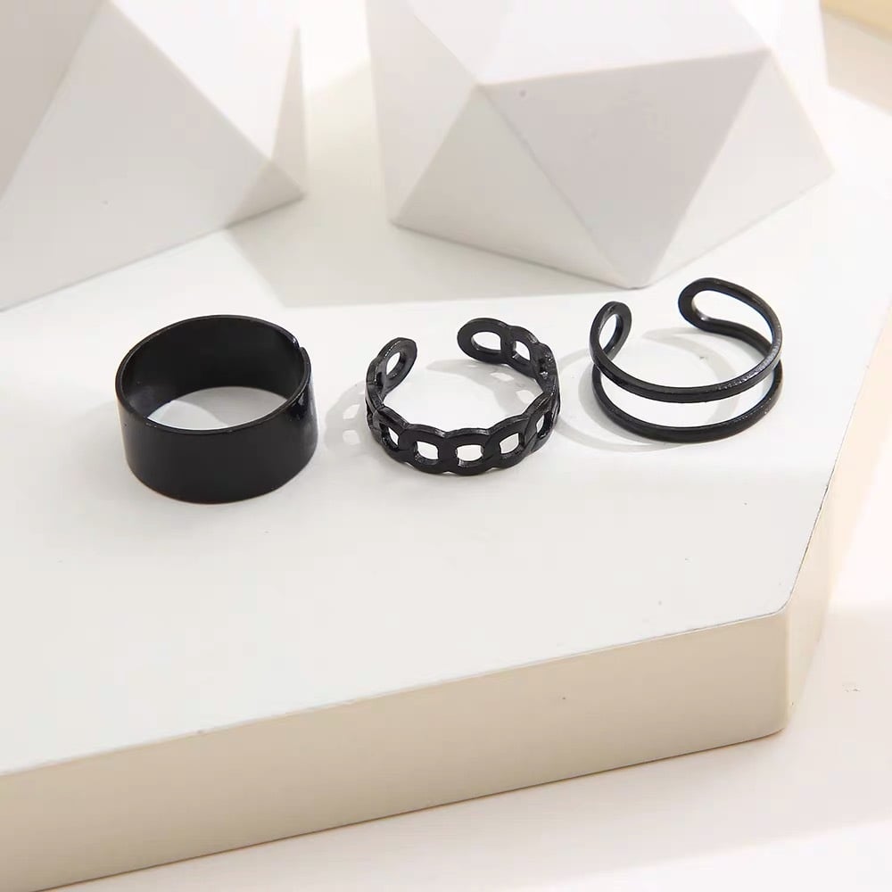 Picture of Women 3pcs Set Black Color Wide Rings Smooth Twisted Hollowed Out Simple Ring Jewelry - Black