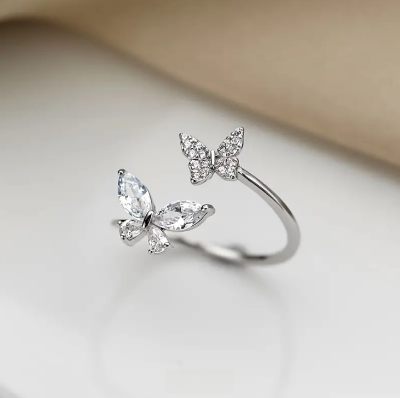 Picture of BUTTERFLY RING SPARKLY VERY PRETTY COLOUR CATCHING TIBETAN SILVER ADJUSTABLE - Silver