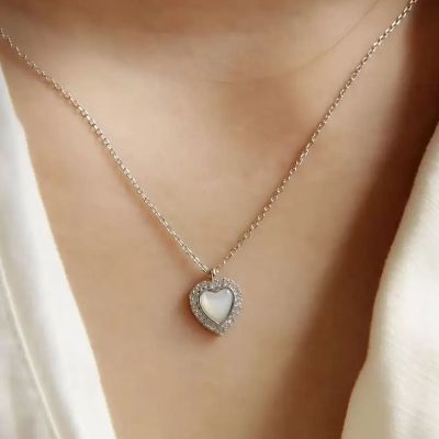 Picture of Love Stone Simple Flat Link Pattern Necklace Jewelry For Women - Silver