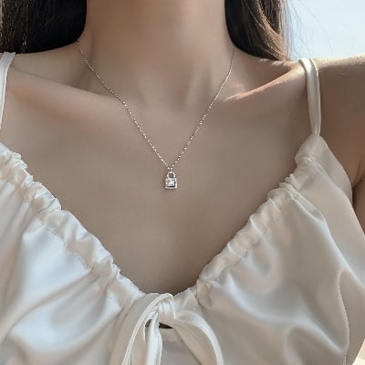 Picture of Korean Elegant Stone Lock Necklace For Women - Silver