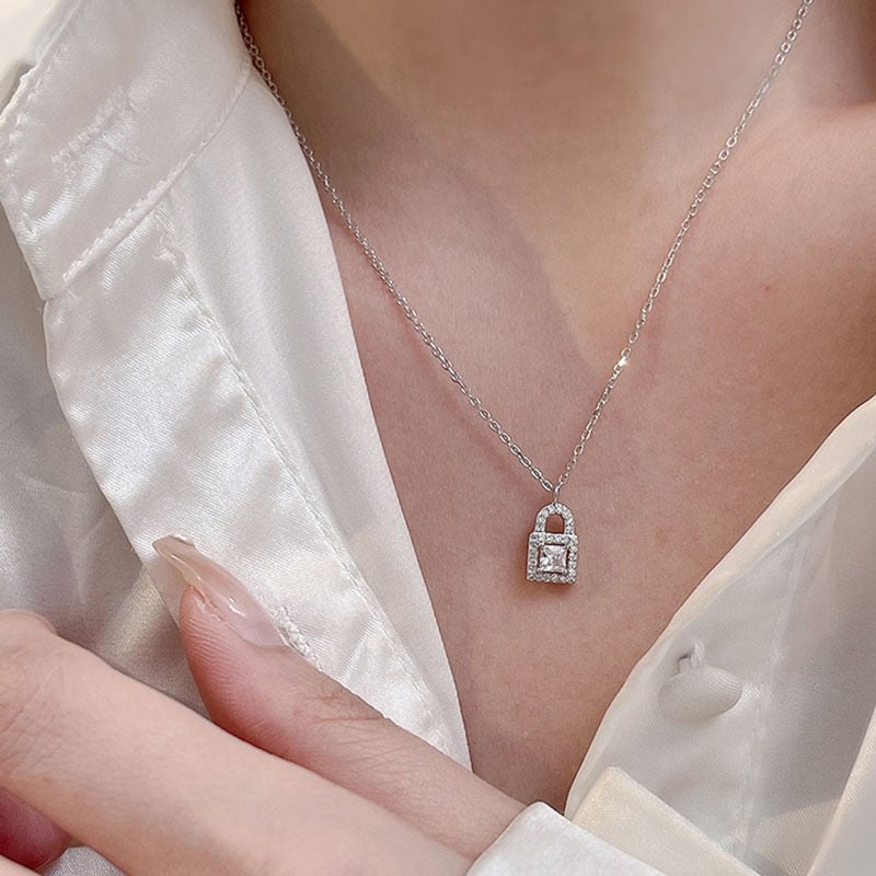 Picture of Korean Elegant Stone Lock Necklace For Women - Silver