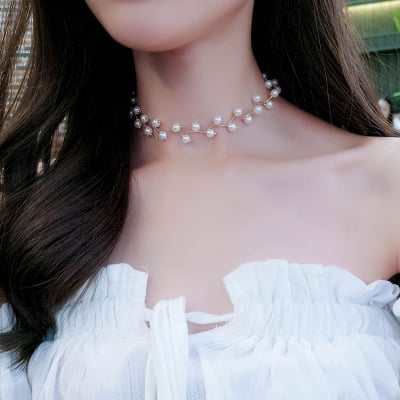 Picture of Korean Girls Ins Pearl Necklace Clavicle Chain - Silver