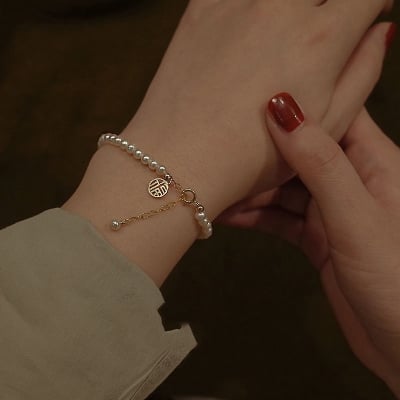 Picture of Chinese Style Pearl Necklace Lucky Charm Bracelet for Women - White