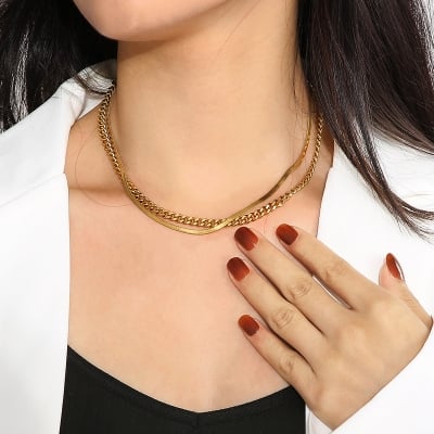 Picture of Luxury & Minimalist Flat Snake Chain Necklace FashionAble For Women - Gold