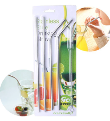Picture of Reusable Stainless Steel 4 pieces Bent Straw with cleaning Brush - Silver
