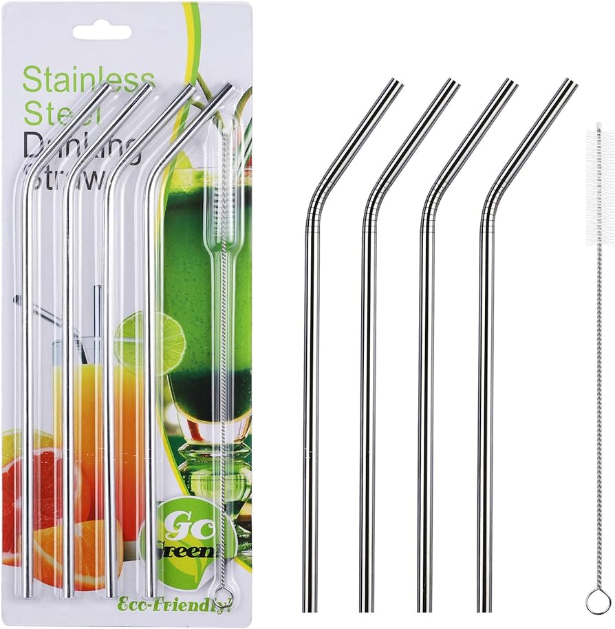 Picture of Reusable Stainless Steel 4 pieces Bent Straw with cleaning Brush - Silver