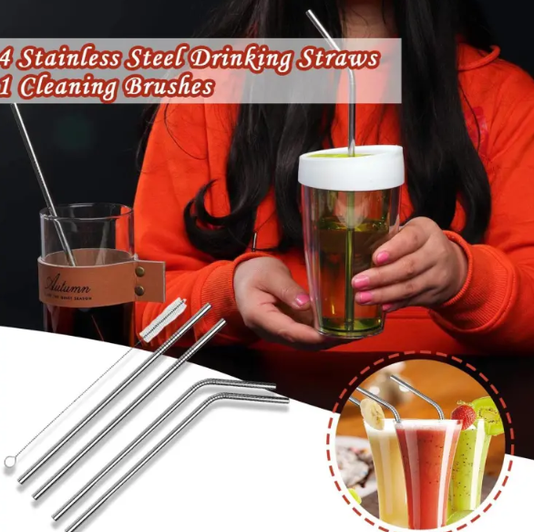 Picture of Stainless Steel Drinking Straws, 8.5 Inches (2 Bent + 2 Straight +1 Brush) - Silver