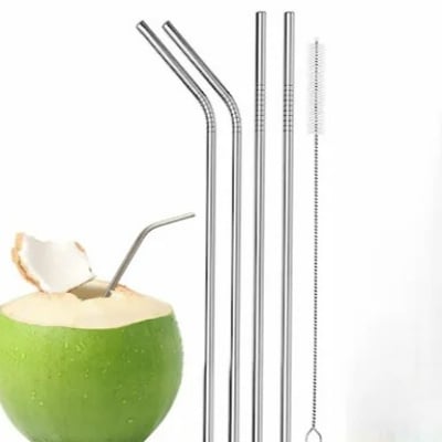 Picture of Reusable Stainless Steel Drinking Straws Bent (4 Bent Straws, 1 Brush) - Silver