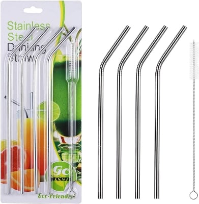 Picture of Reusable Stainless Steel Drinking Straws Bent (4 Bent Straws, 1 Brush) - Silver