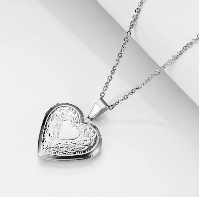 Picture of Love Heart Locket Pendants for Women Men Openable Photo Frame Picture Necklace - Silver