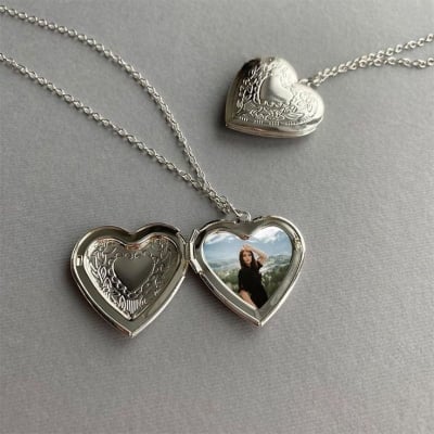 Picture of Love Heart Locket Pendants for Women Men Openable Photo Frame Picture Necklace - Silver