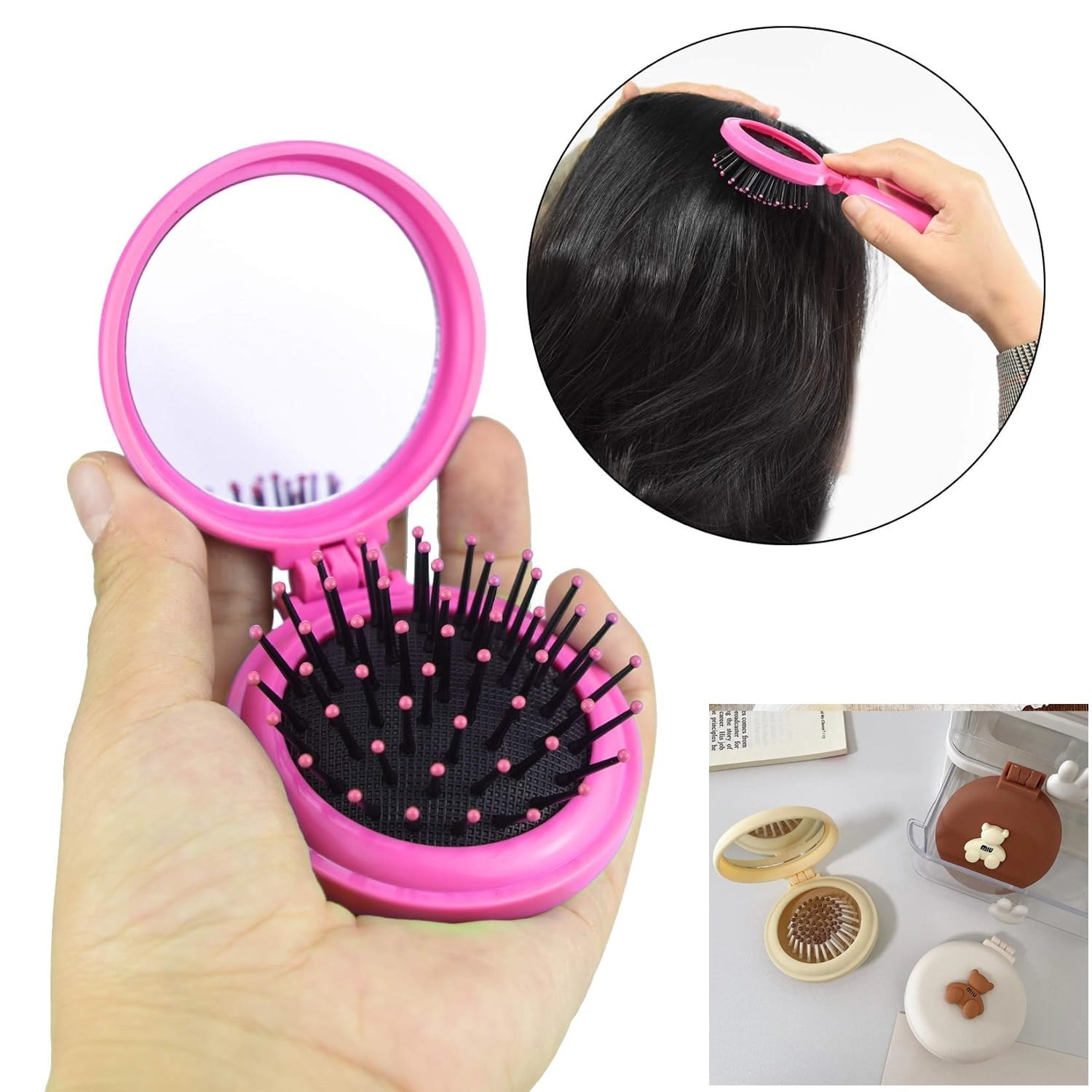 Picture of 2-In-1 Folding Mini Hair Brush With Makeup Mirror Travel Pocket Hair Brush With Mirror For Women/Girls