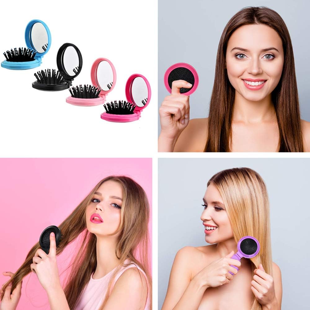 Picture of 2-In-1 Folding Mini Hair Brush With Makeup Mirror Travel Pocket Hair Brush With Mirror For Women/Girls