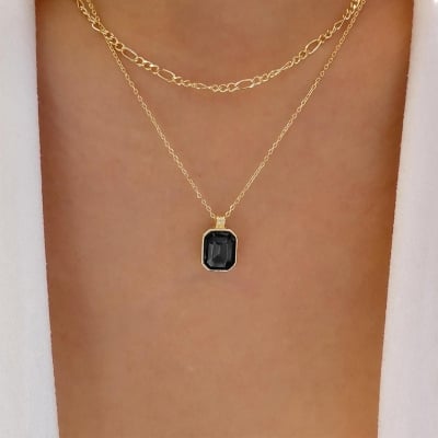 Picture of Korean Style Fashion Blue/Black Crystal Pendant Colden Color Chain Necklace For Women