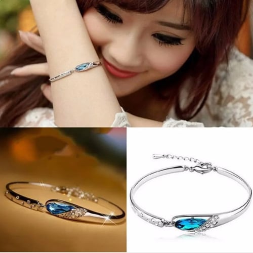 Picture of Elegant Women Wrist Chain Fashionable Bracelet Blue Crystal - Silver