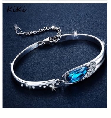 Picture of Elegant Women Wrist Chain Fashionable Bracelet Blue Crystal - Silver