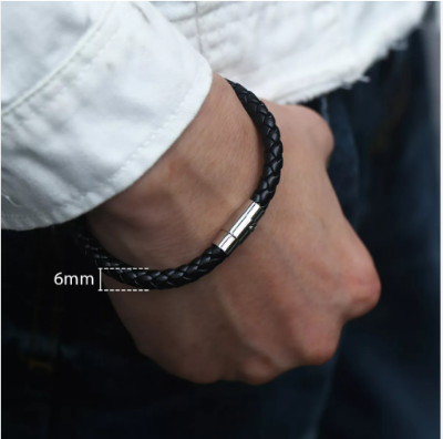 Picture of Men Black Leather Charm Wristband Stainless Steel Clasp Bracelet - Black