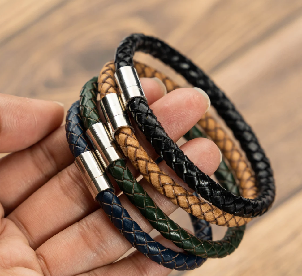 Picture of Men Black Leather Charm Wristband Stainless Steel Clasp Bracelet - Black