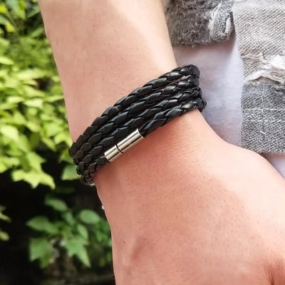 Picture of Leather Braided Wristband Bracelet Stainless Steel Magnetic Clasp Men Women