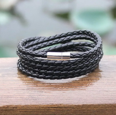 Picture of Bracelet Multilayer Strand Men Black Leather Bracelet Magnetic Clasp - Black