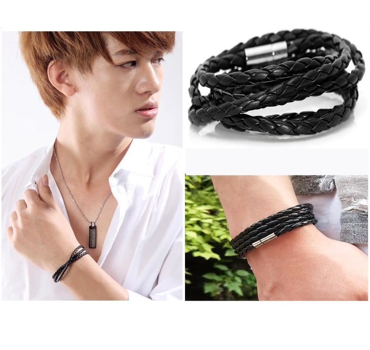 Picture of Bracelet Multilayer Strand Men Black Leather Bracelet Magnetic Clasp - Black