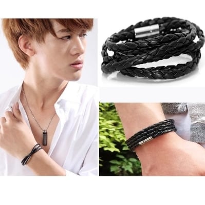 Picture of Trendy Black Braided Leather Bracelet for Men