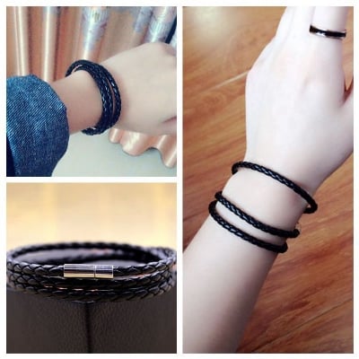 Picture of Men's Leather Bracelet With a Wood Color Magnetic Clasp Double - Black
