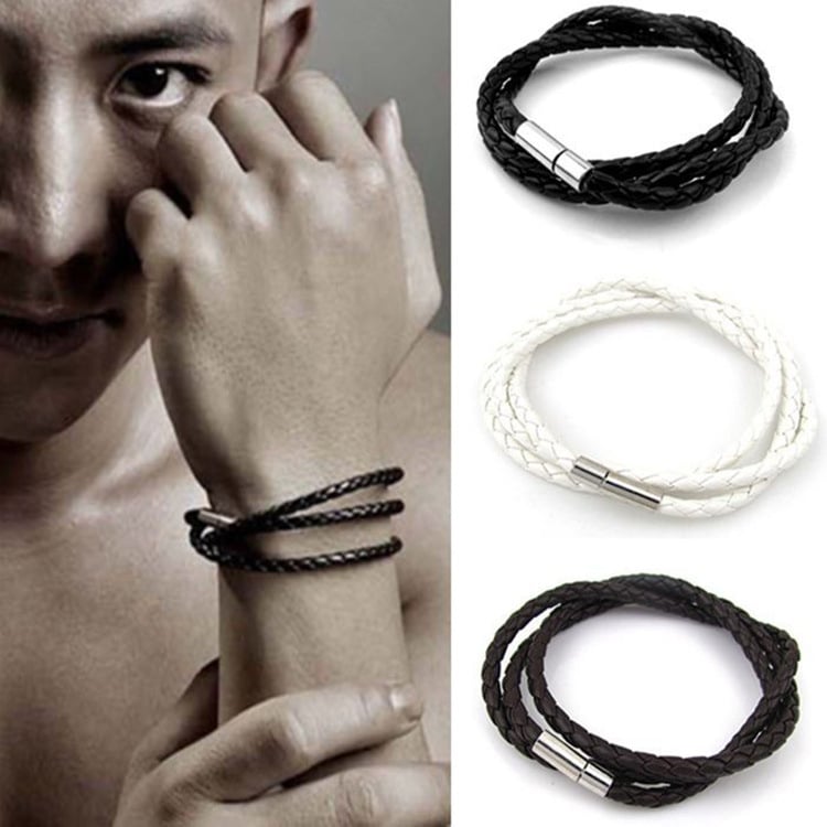Picture of Men's Leather Bracelet With a Wood Color Magnetic Clasp Double - Black