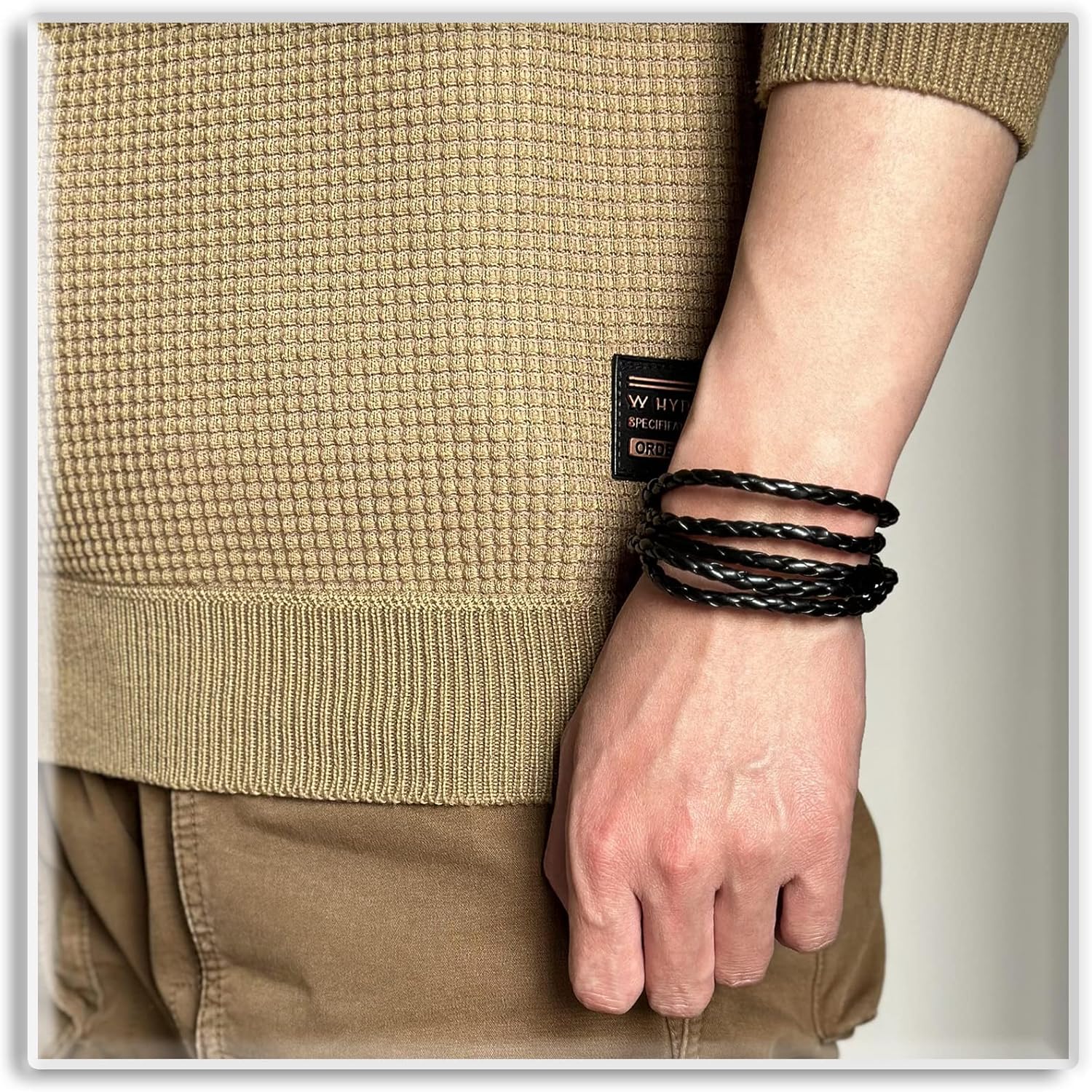 Picture of Men's Leather Bracelet With a Wood Color Magnetic Clasp Double - Black