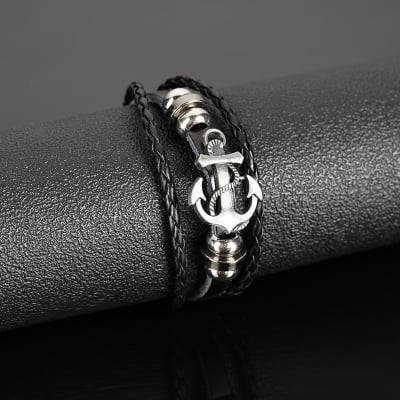 Picture of Black Braided Men Leather Bracelet Stainless Steel Magnetic Buckle - Black
