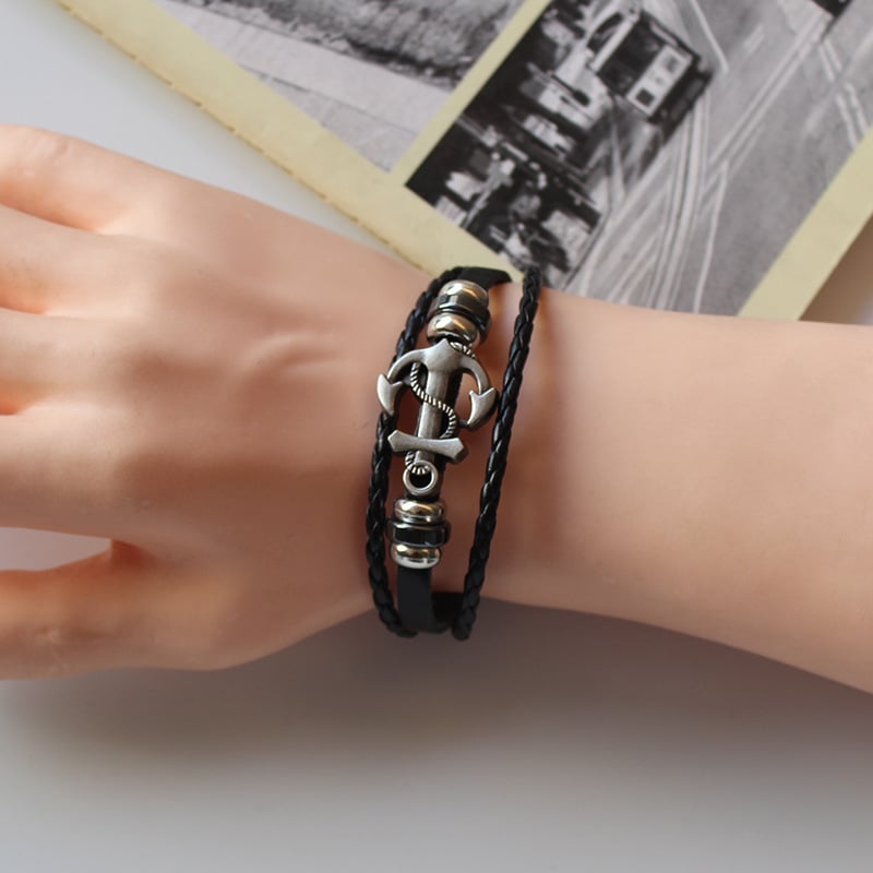 Picture of Black Braided Men Leather Bracelet Stainless Steel Magnetic Buckle - Black