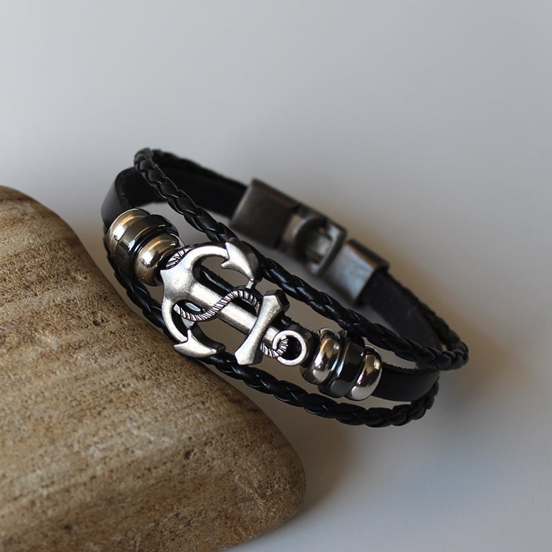 Picture of Black Braided Men Leather Bracelet Stainless Steel Magnetic Buckle - Black