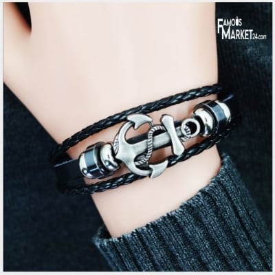 Picture of Multilayer Leather Boat Anchor Knitted Bracelet New Fashion - Black