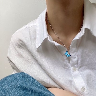 Picture of Korean Blue Gradient Butterfly Necklace for Women Girls Silver Color Rainbow Butterflies Necklaces Jewelry Gift - Silver