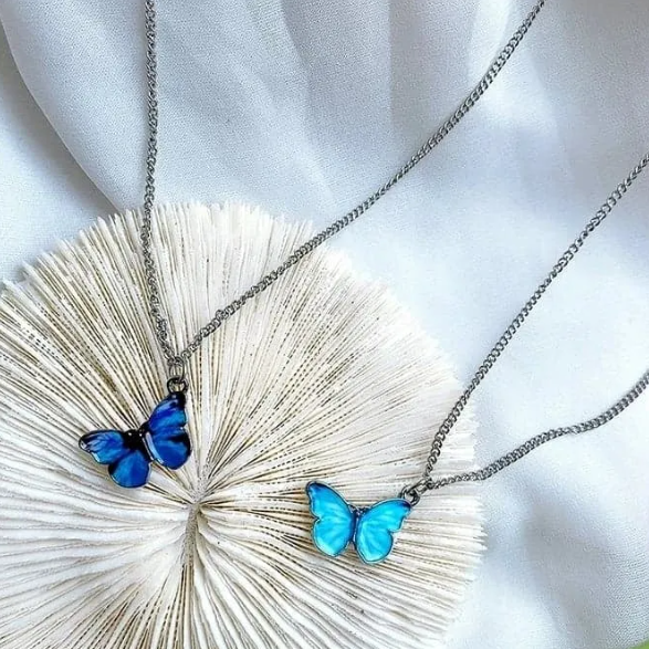 Picture of Korean Blue Gradient Butterfly Necklace for Women Girls Silver Color Rainbow Butterflies Necklaces Jewelry Gift - Silver