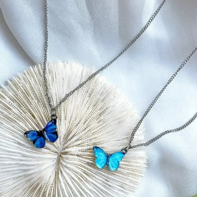 Picture of Korean Blue Gradient Butterfly Necklace for Women Girls Silver Color Rainbow Butterflies Necklaces Jewelry Gift - Silver