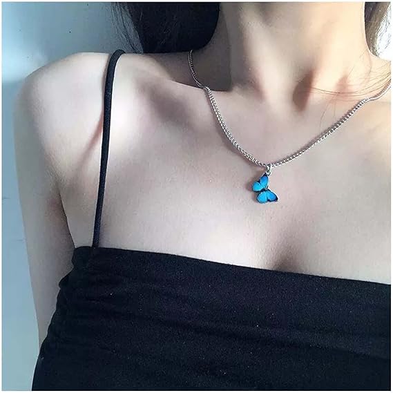 Picture of Cute Colorful Butterfly Pendant Necklace Stainless Steel Neck Chain For Women - Silver