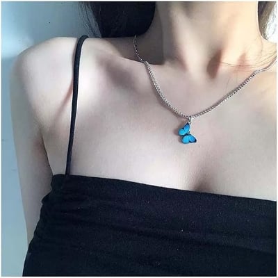 Picture of Cute Colorful Butterfly Pendant Necklace Stainless Steel Neck Chain For Women - Silver