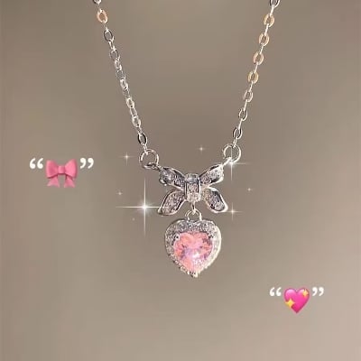 Picture of Pink Color Love Pendant Necklace Korean Fashion Choker Simple Wedding Party Jewelry Gift - Silver