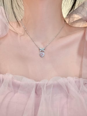 Picture of Pink Love Pendant Necklace For Girls Women - Silver