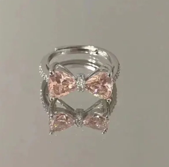 Picture of 1pc Pink Bow Knot Open Ring For Women With Delicate French Micro Inlaid Pink Diamond Detailing - Silver