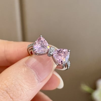 Picture of Shiny Crystal Pink Stone Zircon Rings for Women Girls Minimalist Adjustable Ring Yao Store - Silver