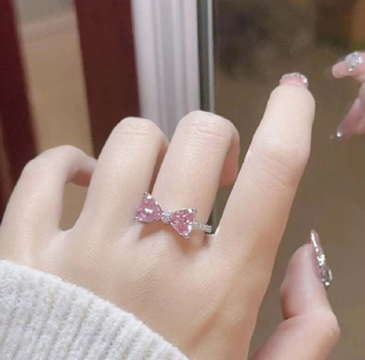 Picture of Shiny Crystal Pink Stone Zircon Rings for Women Girls Minimalist Adjustable Ring Yao Store - Silver