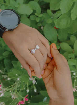 Picture of Silver Plated Pink Zircon Studded Diamond Crystal Duo Butterfly Open Ring - Silver