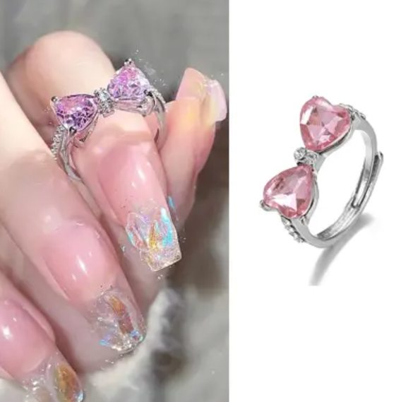 Picture of Cute Double Pink Zirconia Crystal Stackable Rings - Silver