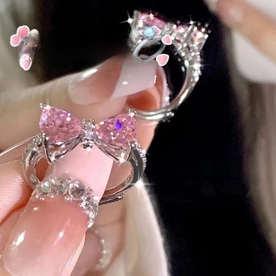 Picture of 1pc Pink Bow Knot Open Ring For Women With Delicate French Micro Inlaid Pink Detailing