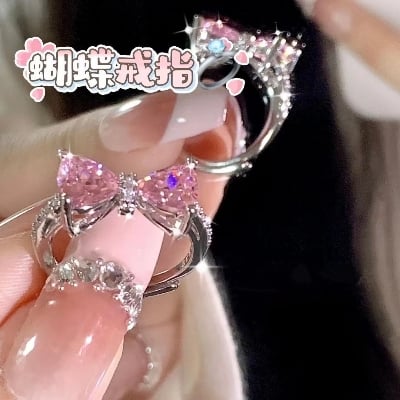 Picture of Stylish Pink Zircon Studded Crystal Duo Butterfly Open Ring